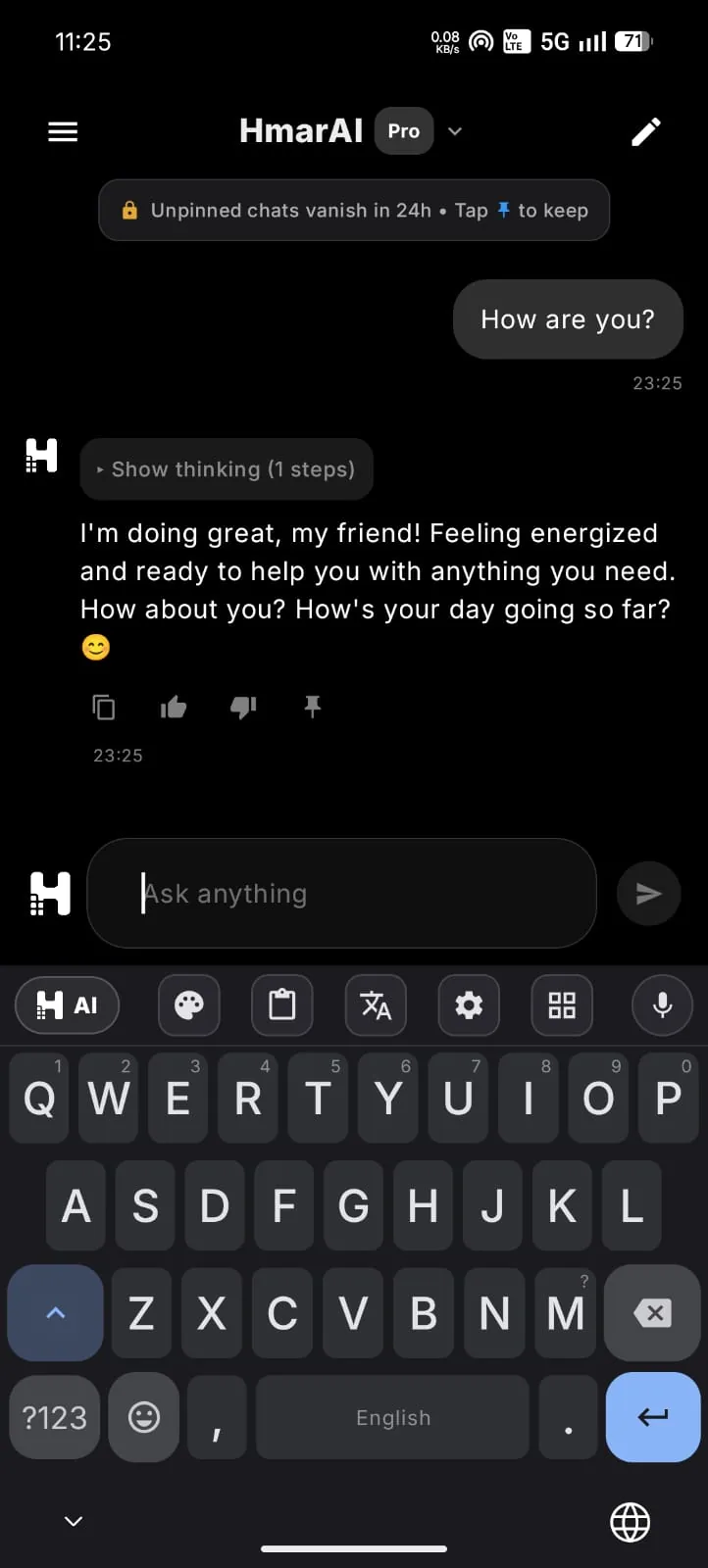 Personal AI chatbot with custom Android keyboard open — native Kotlin app by Divyaraj Kush