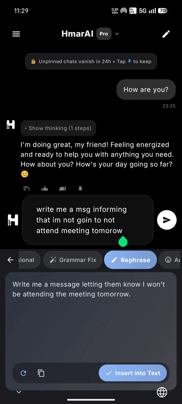 AI Rephrase and Grammar Fix toolbar inserting corrected text into any Android app