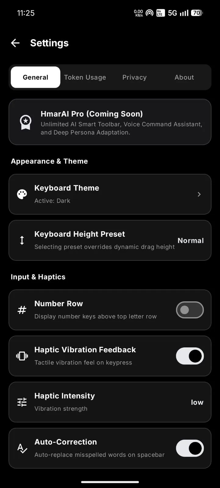 AI keyboard app settings with themes haptics and Pro feature roadmap