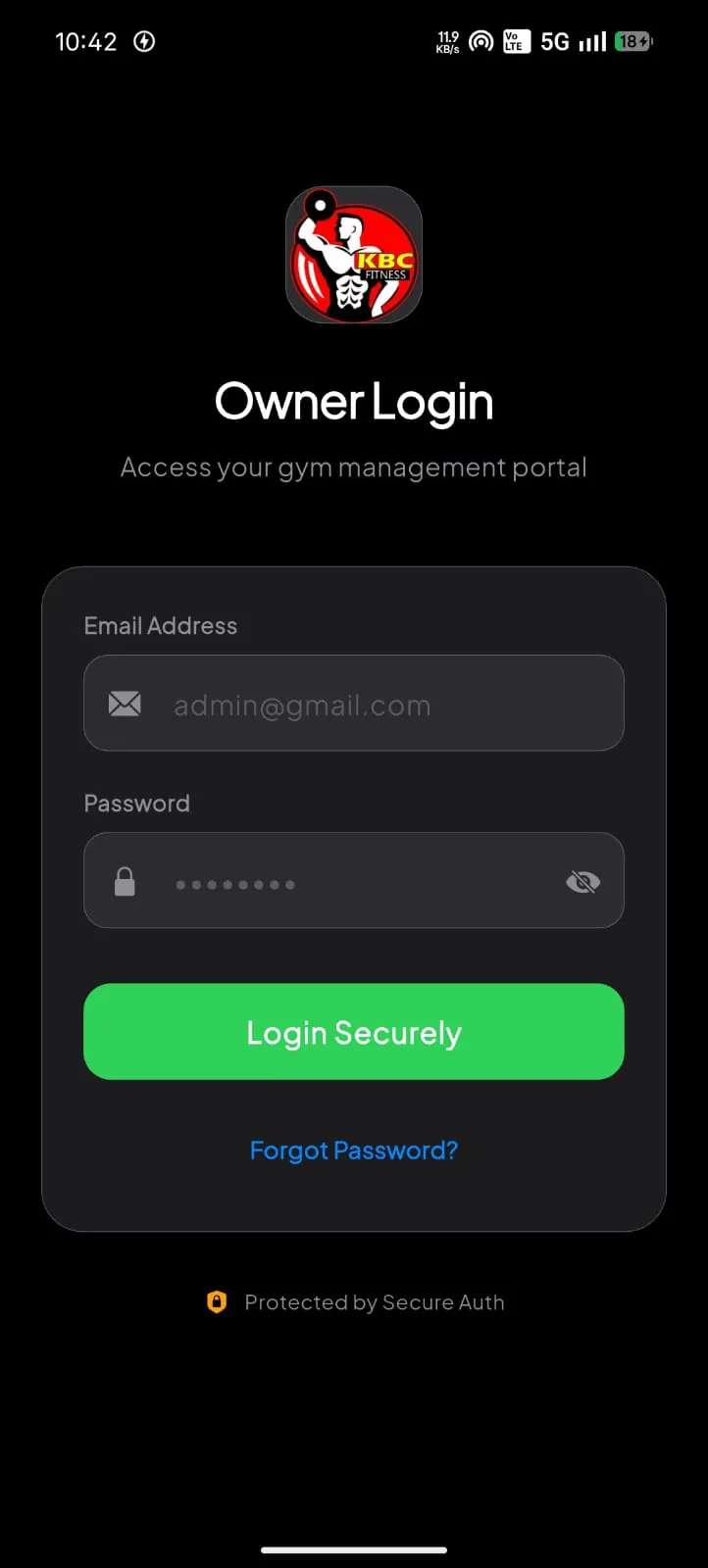 KBC Fitness owner login secure auth