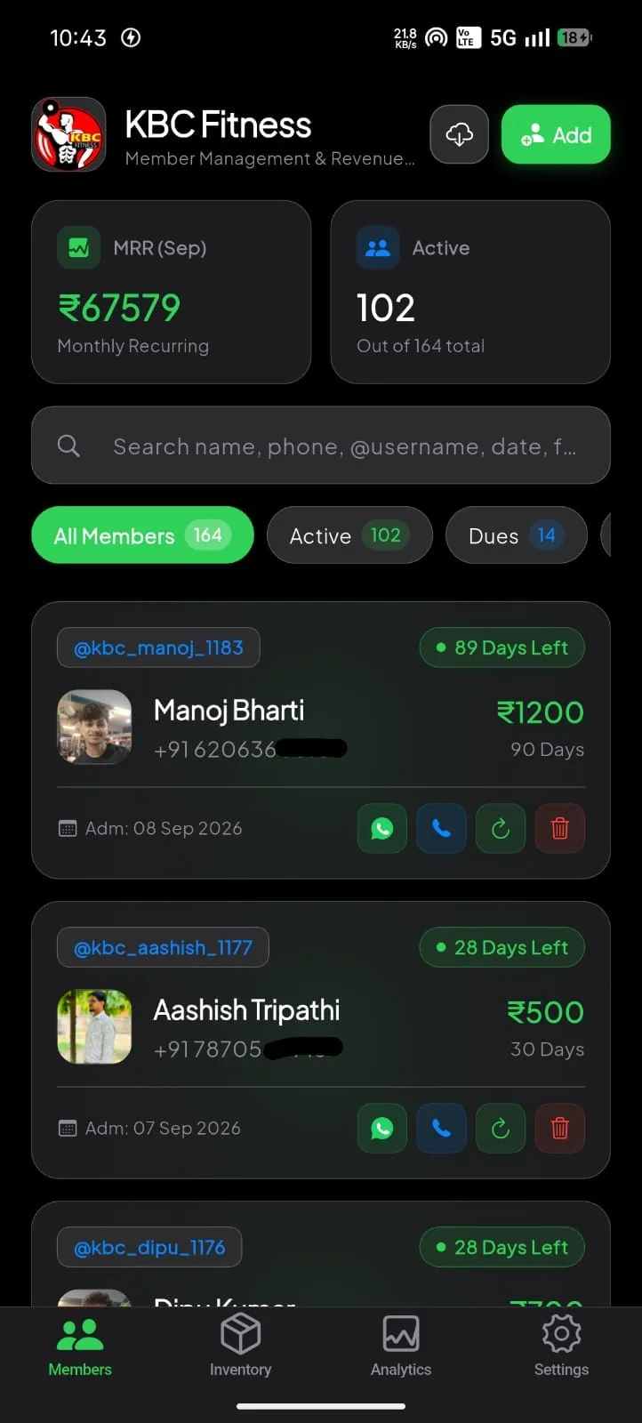 KBC Fitness members MRR dashboard